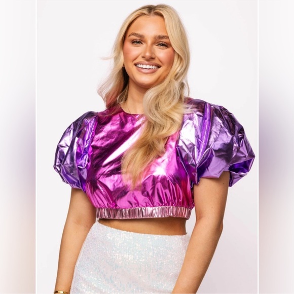 QUEEN OF SPARKLES Tops - QOS- UEEN OF SPARKLES Shiny Pink and Purple Metallic Crop Top
